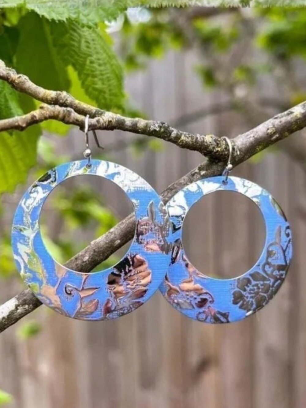 Silver Blue Open Circle Drop Earrings - Picture 3 of 5